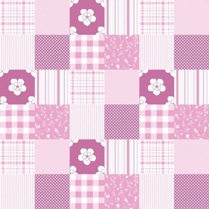 Pink , white  Cheater Quilt  flowers, checks, stripes, 3 inch squares