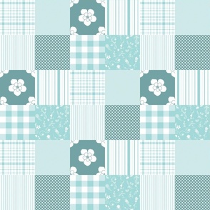 Teal, white  Cheater Quilt  flowers, checks, stripes, 3 inch squares
