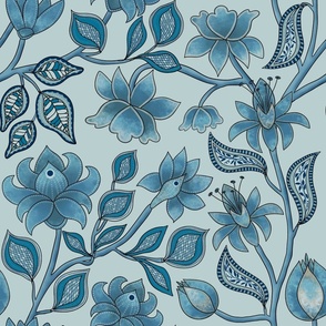 Temple Garden.Indian Fantasy Floral.Blue.Lge
