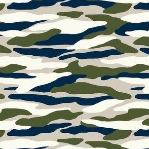 Timeless-Camouflage-Navy Blue, Olive Green and Ivory on a Khaki background.