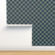 Timeless-Plaid-Diagonal (Bias)-Navy Blue Background, Olive Green, Khaki and Ivory stripes.