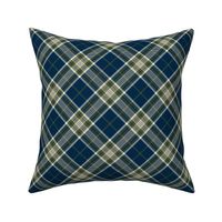 Timeless-Plaid-Diagonal (Bias)-Navy Blue Background, Olive Green, Khaki and Ivory stripes.