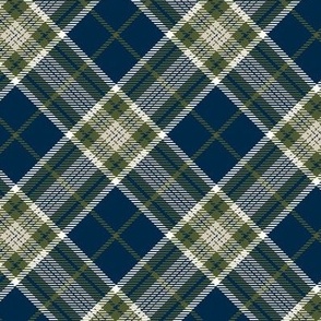 Timeless-Plaid-Diagonal (Bias)-Navy Blue Background, Olive Green, Khaki and Ivory stripes.