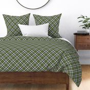 Timeless-Plaid Diagonal (Bias)-Olive Green Background with Navy Blue, Khaki and Ivory stripes.