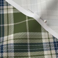 Timeless-Plaid Diagonal (Bias)-Olive Green Background with Navy Blue, Khaki and Ivory stripes.