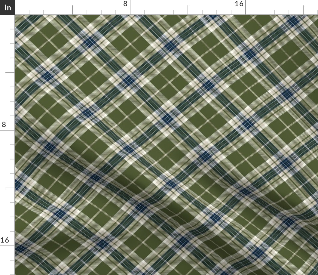 Timeless-Plaid Diagonal (Bias)-Olive Green Background with Navy Blue, Khaki and Ivory stripes.