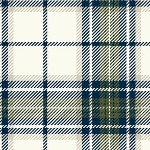 Timeless-Plaid-Ivory Background with Navy Blue, Olive Green and Khaki stripes.