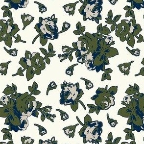 Timeless-Roses-Roses in Navy Blue, Olive Green and Khaki on an Ivory background.