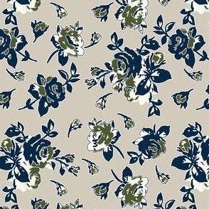 Timeless-Roses-Roses in, Navy Blue, Olive Green, Ivory on a Khaki background..