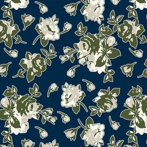Timeless-Roses-Roses in Olive Green, Khaki and Ivory on a Navy Blue background.