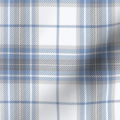 Sky-Plaid-White Background with Sky Blue, Light Gray and Dark Gray stripes.