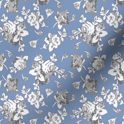 Sky-Roses-Roses in Light Gray, Dark Gray and White on a S ky Blue Background.