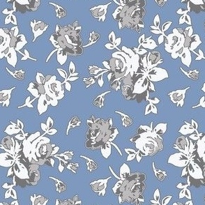 Sky-Roses-Roses in Light Gray, Dark Gray and White on a S ky Blue Background.