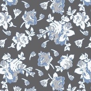 Sky-Roses-Roses in Sky Blue, Light Gray and White on a Dark Gray Background.