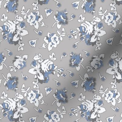 Sky-Roses-Roses of Sky Blue, Dark Gray and White on a Light Gray Background.