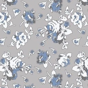 Sky-Roses-Roses of Sky Blue, Dark Gray and White on a Light Gray Background.