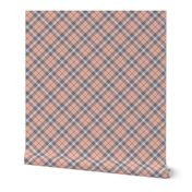 Chic-Plaid-Diagonal- Peach ground w/ Lavender Light Gray Dark Gray stripes.