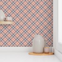 Chic-Plaid-Diagonal- Peach ground w/ Lavender Light Gray Dark Gray stripes.