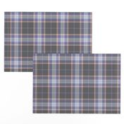 Chic-Plaid-Dark Gray Background, with Lavender, Peach and Light Gray stripes.