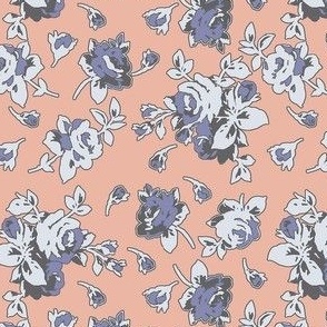 Chic-Roses-Roses of Lavender, Light Gray and Dark Gray on a Peach Background.