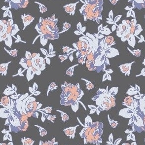 Chic-Roses-Roses in Lavender, Peach and Light Gray on a Dark Gray Background.