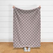 Pretty-Plaid-Diagonal/Bias-Pink ground w/ Dark Brown Taupe Ivory stripes.