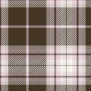 Pretty-Plaid-Dark Brown Background with Pink, Taupe and Ivory stripes.