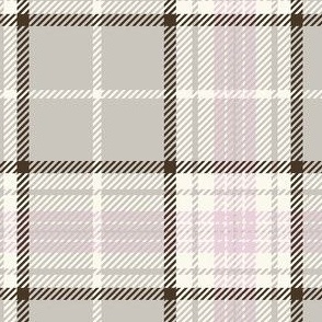 Pretty-Plaid-Taupe background with Pink, Dark Brown and Ivory stripes.