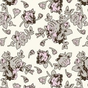 Pretty-Roses - Pink, Taupe and Dark Brown Roses on an Ivory background.