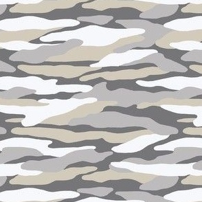 Neutral-Camouflage- Beige, Light Gray and White on a Dark Gray Background.