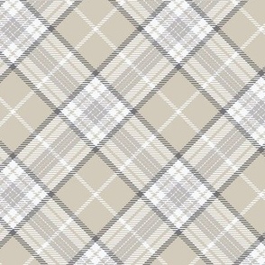 Neutral-Plaid-Diagonal (Bias)-Beige background with Light Gray, Dark Gray and White stripes.