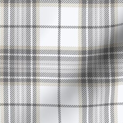 Neutral-Plaid-White Background with Beige, Light Gray and Dark Gray stripes.