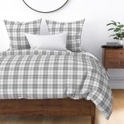 Neutral-Plaid-White Background with Beige, Light Gray and Dark Gray stripes.