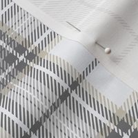 Neutral-Plaid-White Background with Beige, Light Gray and Dark Gray stripes.