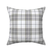 Neutral-Plaid-White Background with Beige, Light Gray and Dark Gray stripes.