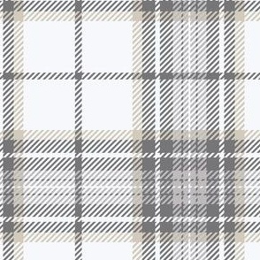 Neutral-Plaid-White Background with Beige, Light Gray and Dark Gray stripes.