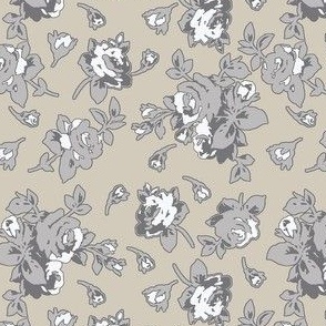 Neutral-Roses-Roses in White, Light Gray and Dark Gray on a Beige Background. 