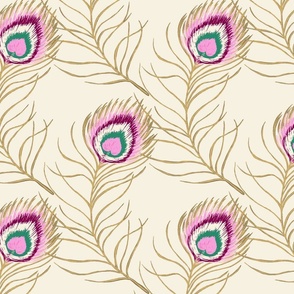 peacock feathers/pink on cream/large