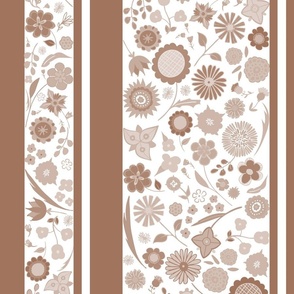 folk art embroidery floral stripe vertical - chocolate and white