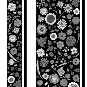 folk art embroidery floral stripe vertical - black and white