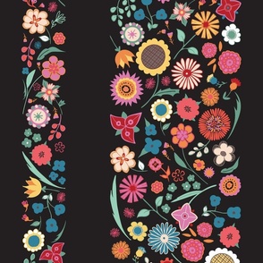 folk art embroidery floral stripe vertical - high summer noir