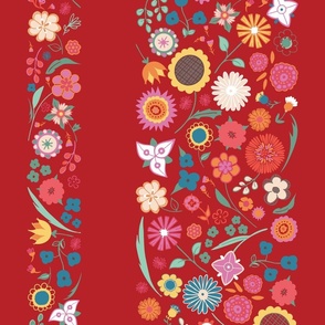 folk art embroidery floral stripe vertical - high summer ruby red