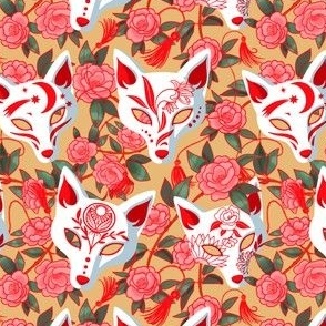 Kitsune masks and blooming Japanese Camellia on ochre