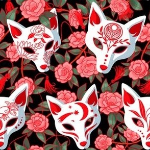 Kitsune masks and blooming Japanese Camellia on black