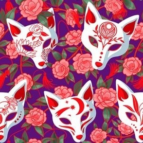 Kitsune masks and blooming Japanese Camellia on violet