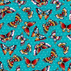 Vintage tattoo butterflies aqua blue 