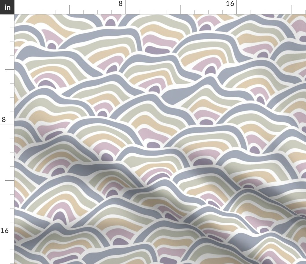 Bohemian Funky Muted Blue Green Orange Pink Purple Squiggly Seigaiha Pattern