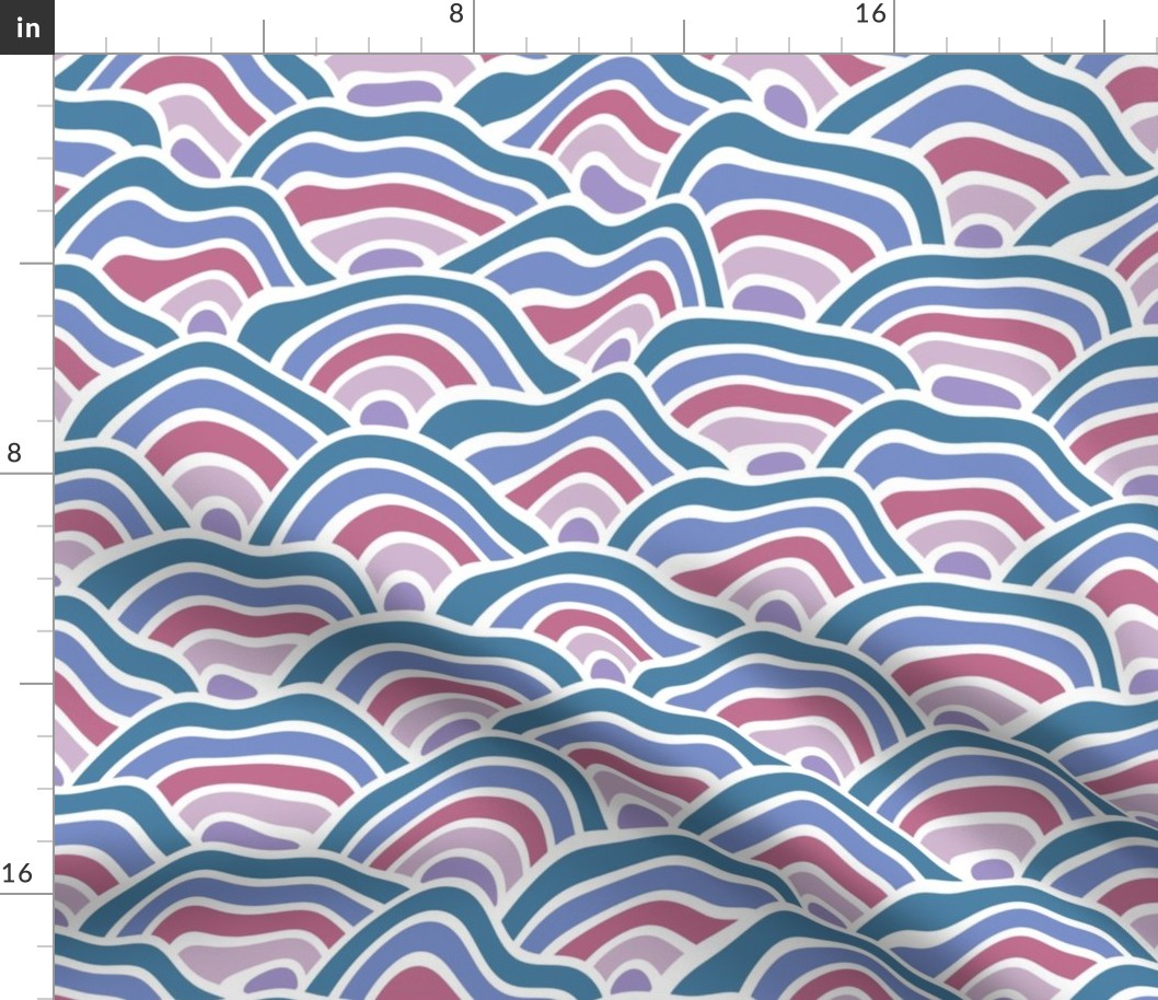 Bohemian Mod Retro Groovy Bold Teal Blue Pink Purple Squiggly Seigaiha Pattern