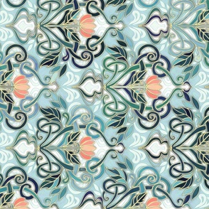 Rotated Sage and Blue Art Nouveau Pattern with Peach Flowers large print 