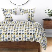 Folk Flowers in Beach Colors: Blue, Mustard Yellow, Charcoal Grey, Cream White